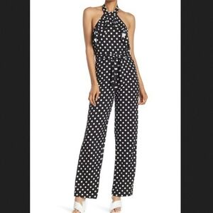 BEBE BLACK & WHITE POLKA DOT HIGH NECK HALTER RUFFLE WIDE LEG JUMPSUIT SIZE 10